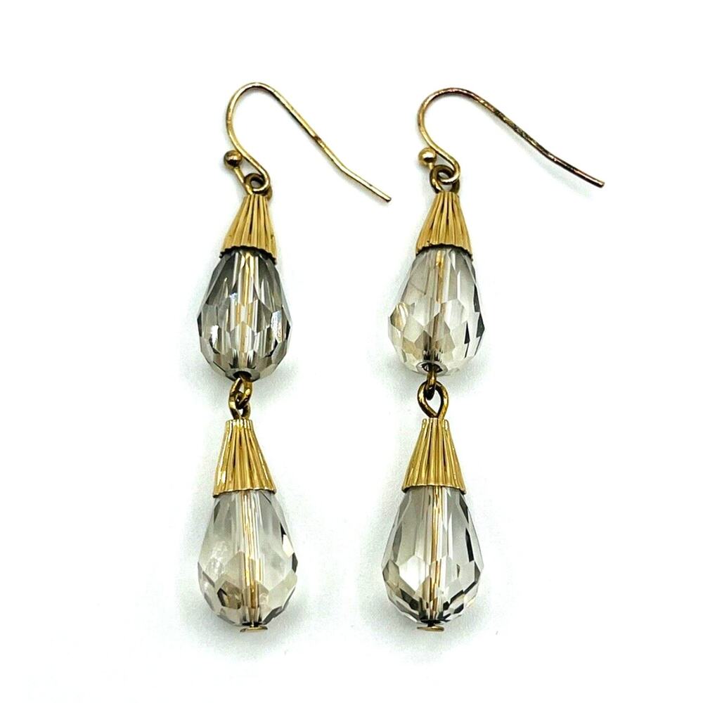 Vintage Smokey AB Crystal Gold Tone Dangle Drop Earrings 2"